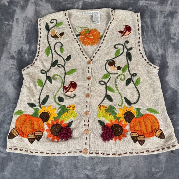 Vintage Fall Sweater Vest Women’s 18W/20W Pumpkin Acorn Thanksgiving Y2K - Picture 1 of 6